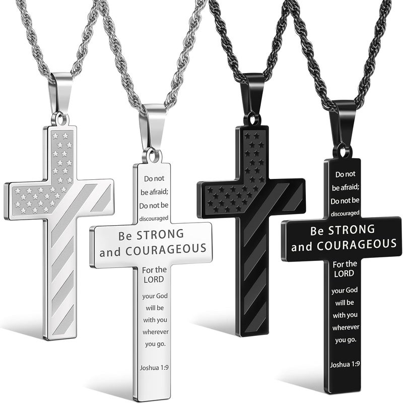 ROMASS 2Pcs Cross Necklace for Men Boys, Bible Verse Christmas Gifts Stainless Steel Silver Black American Flag Chains for Men Pendant Jewelry Box - Image 1